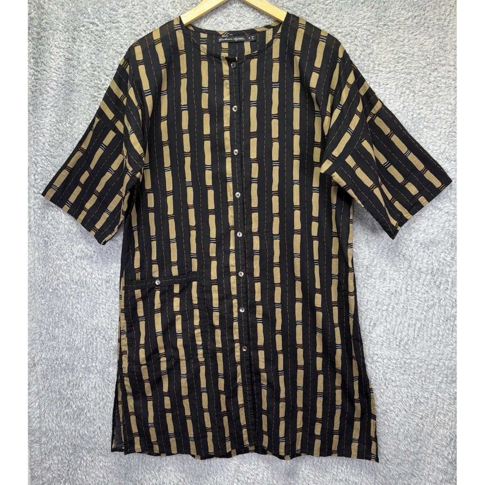 Gudrun Sjoden Women M Bamboo Print Midi Shirt Dress Black Lagenlook Artsy Pocket